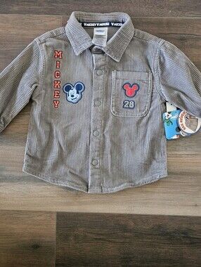 Disney Gray Corduroy Mickey Embroidered Button-Up Shirt with Red Accents